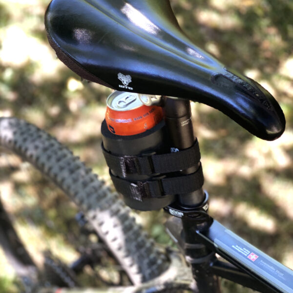 Beverage Can in Insulated Sleeve with Straps attached to Mountain Bike Seat Post